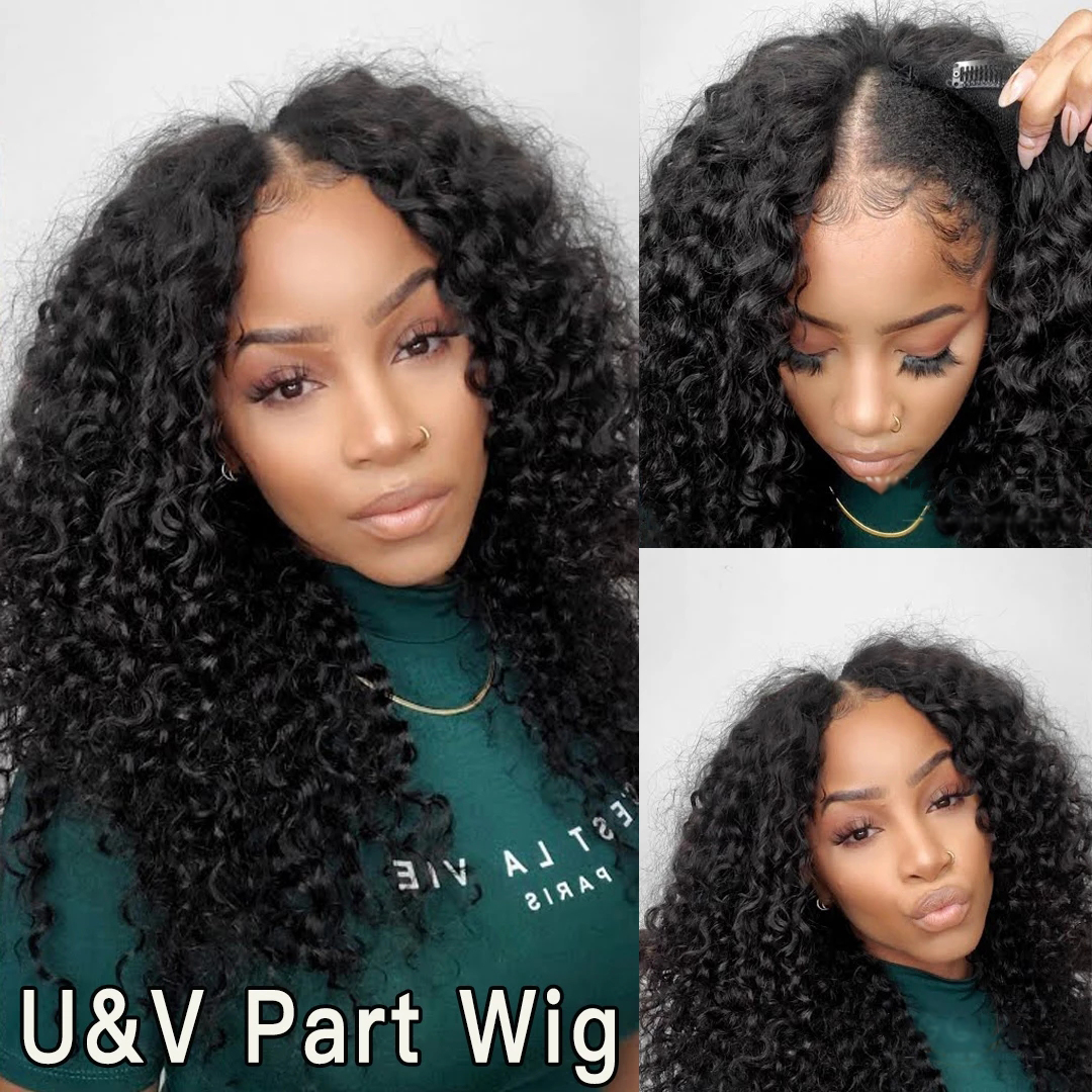 Short Kinky Curly V Part Wig Human Hair No Leave Out Brazilian Hair Wigs for Women 130 Density Deep Wave Curly Glueless VPart Wig