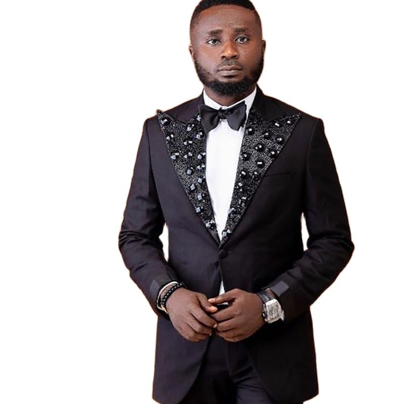Sparkly Beads Men Wedding Tuxedos 2 Pieces Tailored Peaked Lapel Outfits Groom Pants Sets