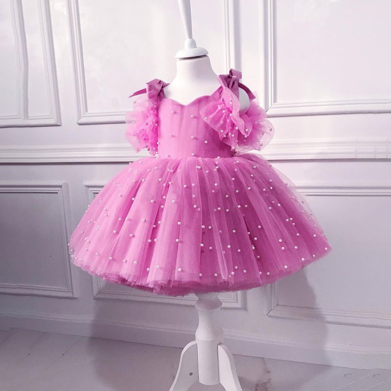 Girl's Dresses Summer Dress 1 Year Flower Girl Pink Puffy Kid Tutu Christening Princess Vestido Toddler Birthday Children Baptism Baby Clothes 23