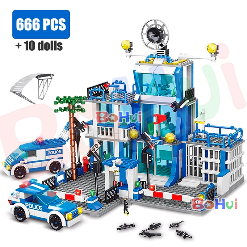 Image of Blocks SWAT Station Military City Model Set Prison Car Policeman Boat Figures Building Blocks DIY Toy for Kids Boys Gift 230714