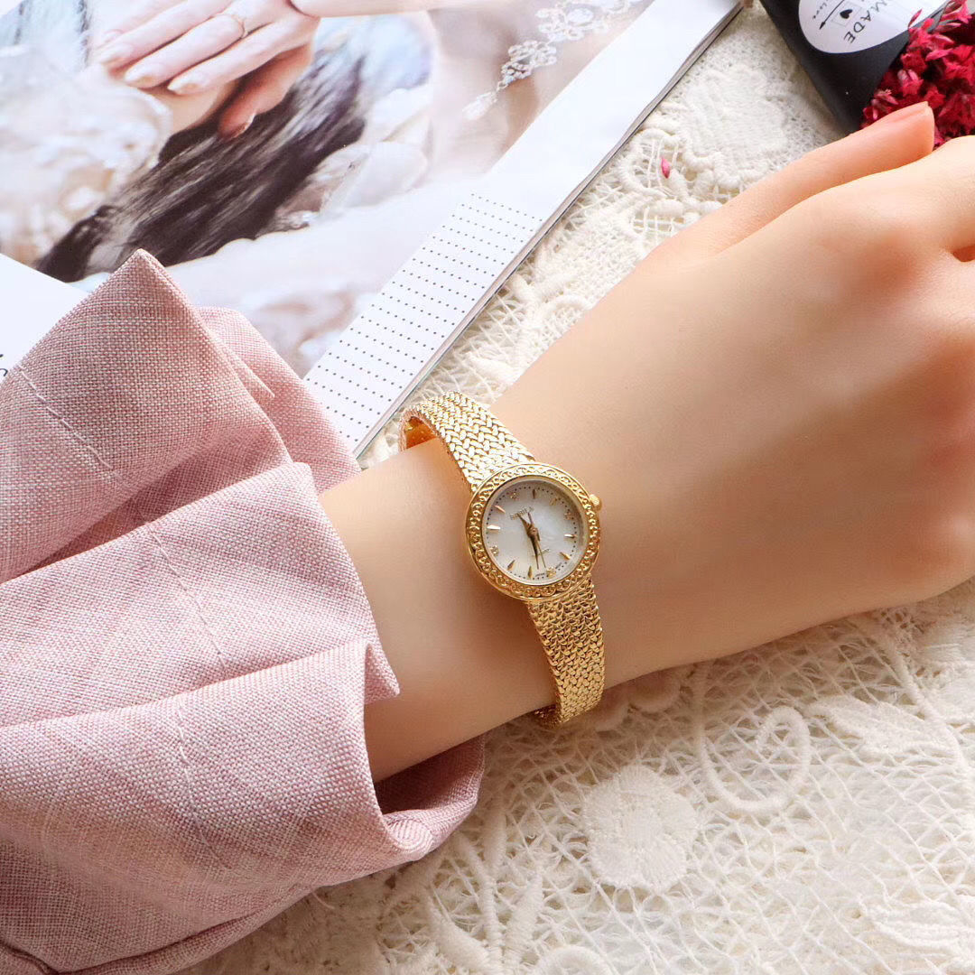 Women s Watches Brass women s watch 24K gold vintage woven strap shell dial carved pattern inlaid diamond for gifts 230714