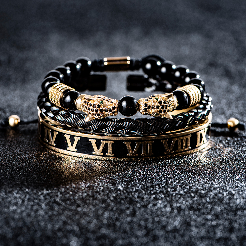Luxury Set Bracelets Men Double Leopard head Handmade Enamel Roman Numeral Bangles Rope Buckle Stone Beads Jewelry