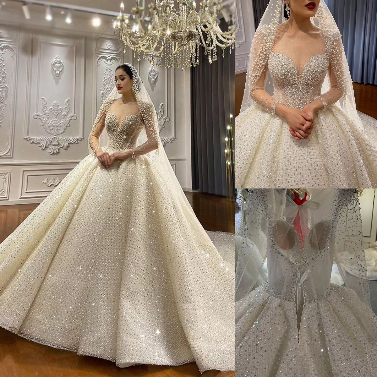 Gorgeous Ball Gown Wedding Dresses Sweetheart Long Sleeves Pearls Sequined Chapel Gown Overskirts Dress Custom Made Plus Size Bridal Gown Vestidos De 