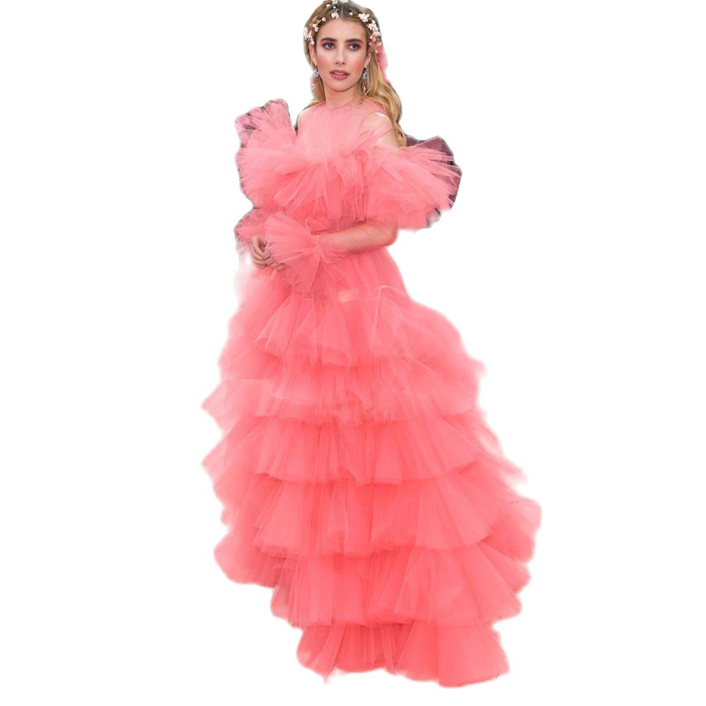 Pink Long Prom Dress 2023 O Neck Long Sleeves Layers Tulle Celebrity Gown Ruffle Pleats Womens Gala Vestidos De Novia