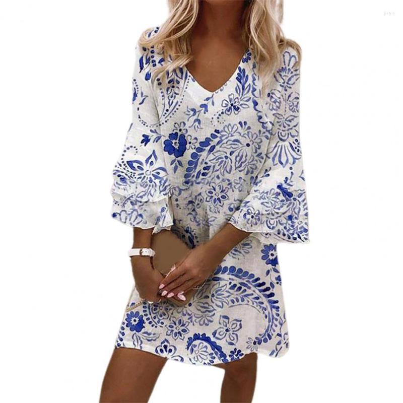 Casual Dresses Summer Elegant Ruffles Sleeve Womens Floral Printed V-Neck Mini Dress Ladies Loose Boho Beach Vestidos