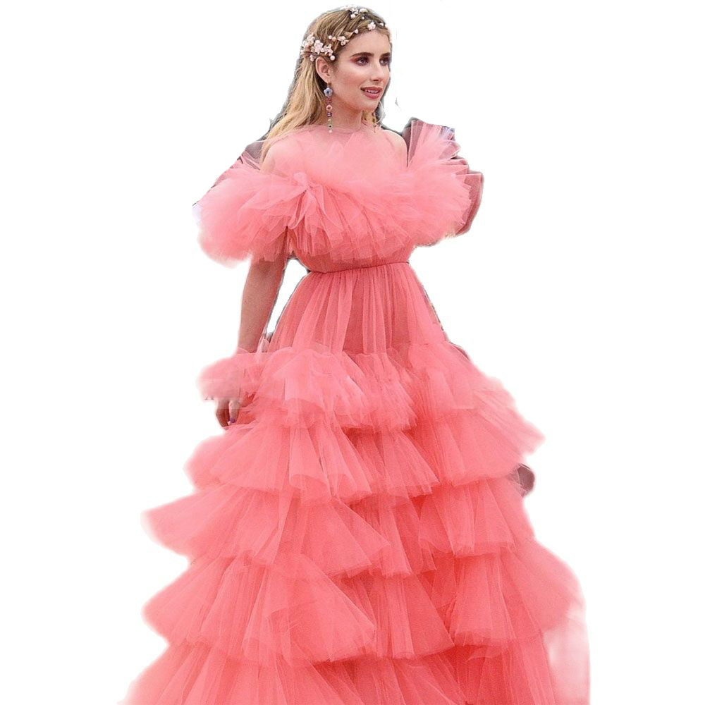 Pink Long Prom Dress 2023 O Neck Long Sleeves Layers Tulle Celebrity Gown Ruffle Pleats Womens Gala Vestidos De Novia