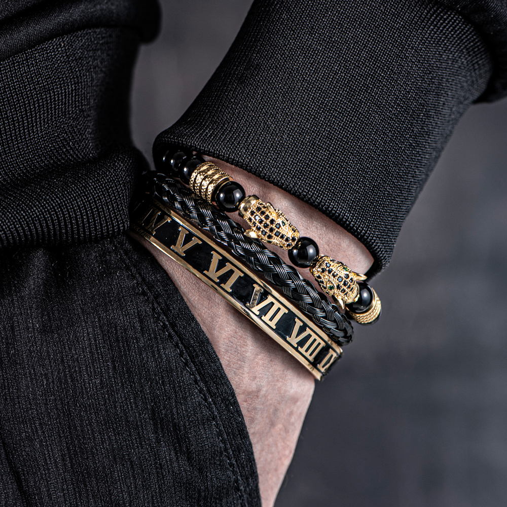 Luxury Set Bracelets Men Double Leopard head Handmade Enamel Roman Numeral Bangles Rope Buckle Stone Beads Jewelry