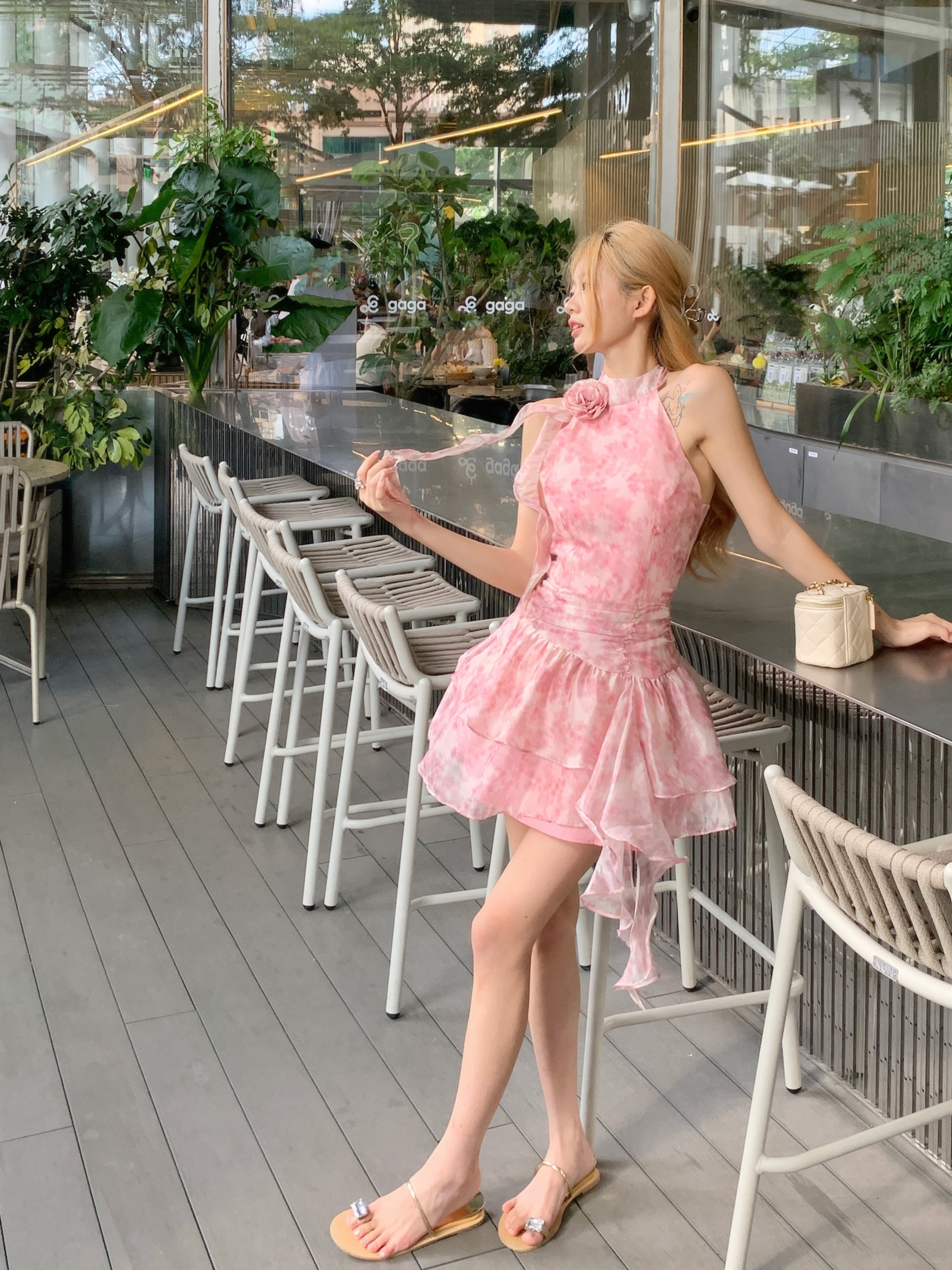 Womens cute sweet pink flower print halter neck sleeveless high waist layered ruffles short dress SM