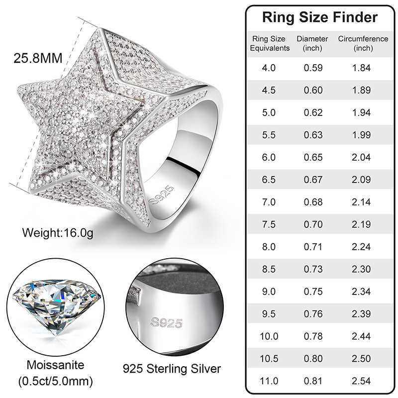 Men Band Rings Women Hiphop Fine Jewelry Iced Out Gold Plated Sterg Sier VVS Moissanite Dia Star Ring With GRA Certificate123