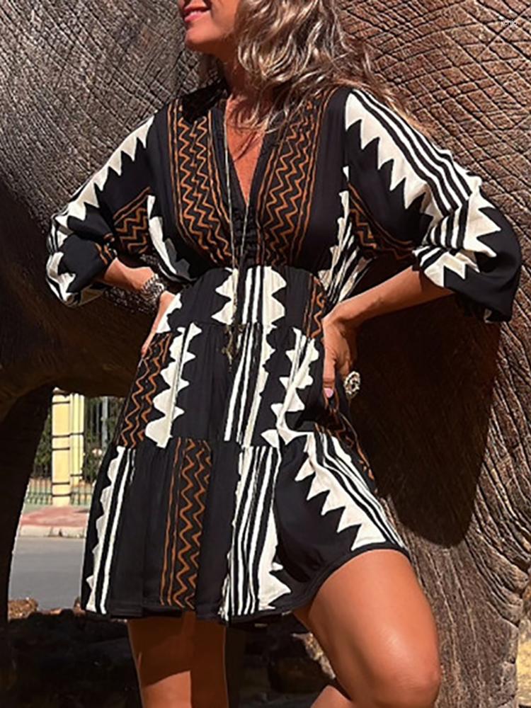 Casual Dresses V Neck Femme 2024 Three Quarter Sleeve Dress Women Patchwork Mini Print Spring Summer Party Club Slim Elastic Waist