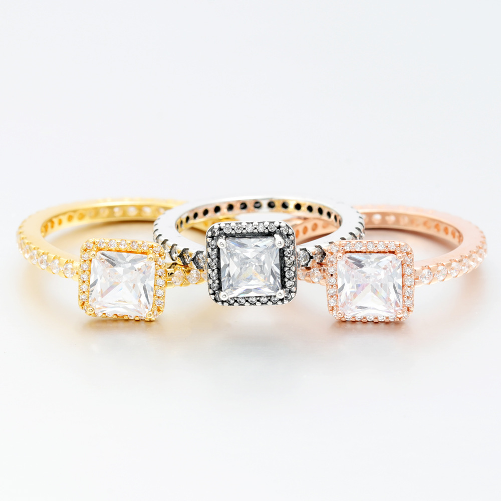 Women's Rose Gold Square Cubic Zirconia Ring with Blue Crystal - Customizable Luxury Fashion Jewelry