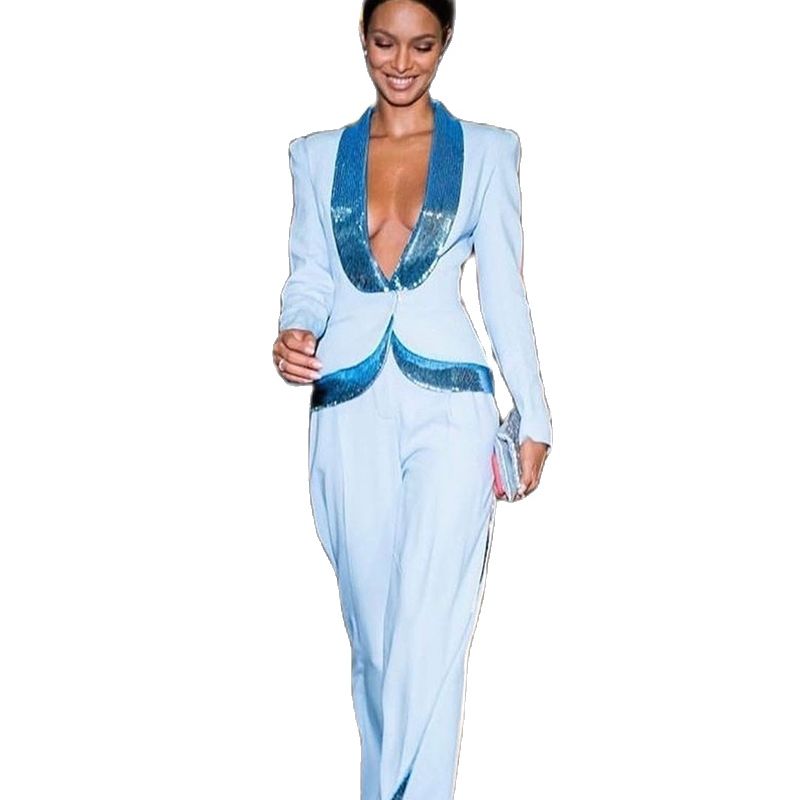 Fashion Women Custom Made Pants Suits Slim Fit Sequins Lady Blazer Female Celebrity Show Wear 2 Pieces