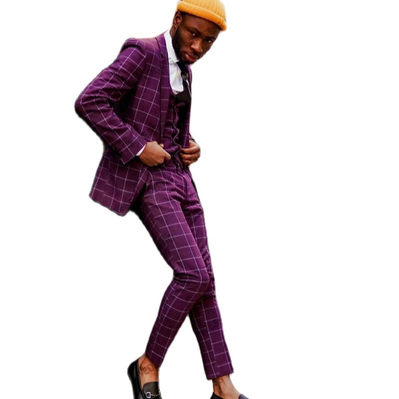 Business Men's Suits Slim Fit 2 Pieces Formal Prom Party Plaid Check Jacket Pants Groom Man Wedding Tuxedo Tailored