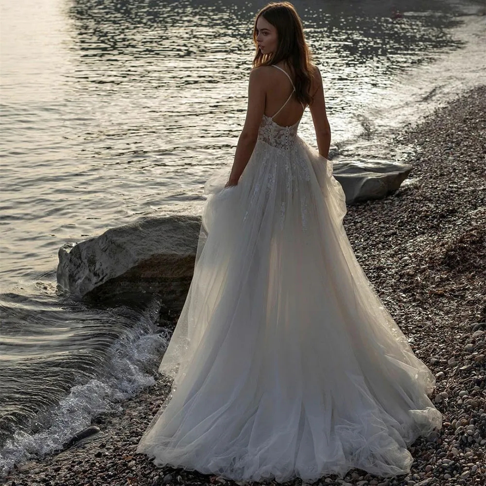 Womens Criss Cross Straps Wedding Dresses V Neck Lace Appliques Beach Bridal Gown A Line Side Slit Boho Wedding Dress