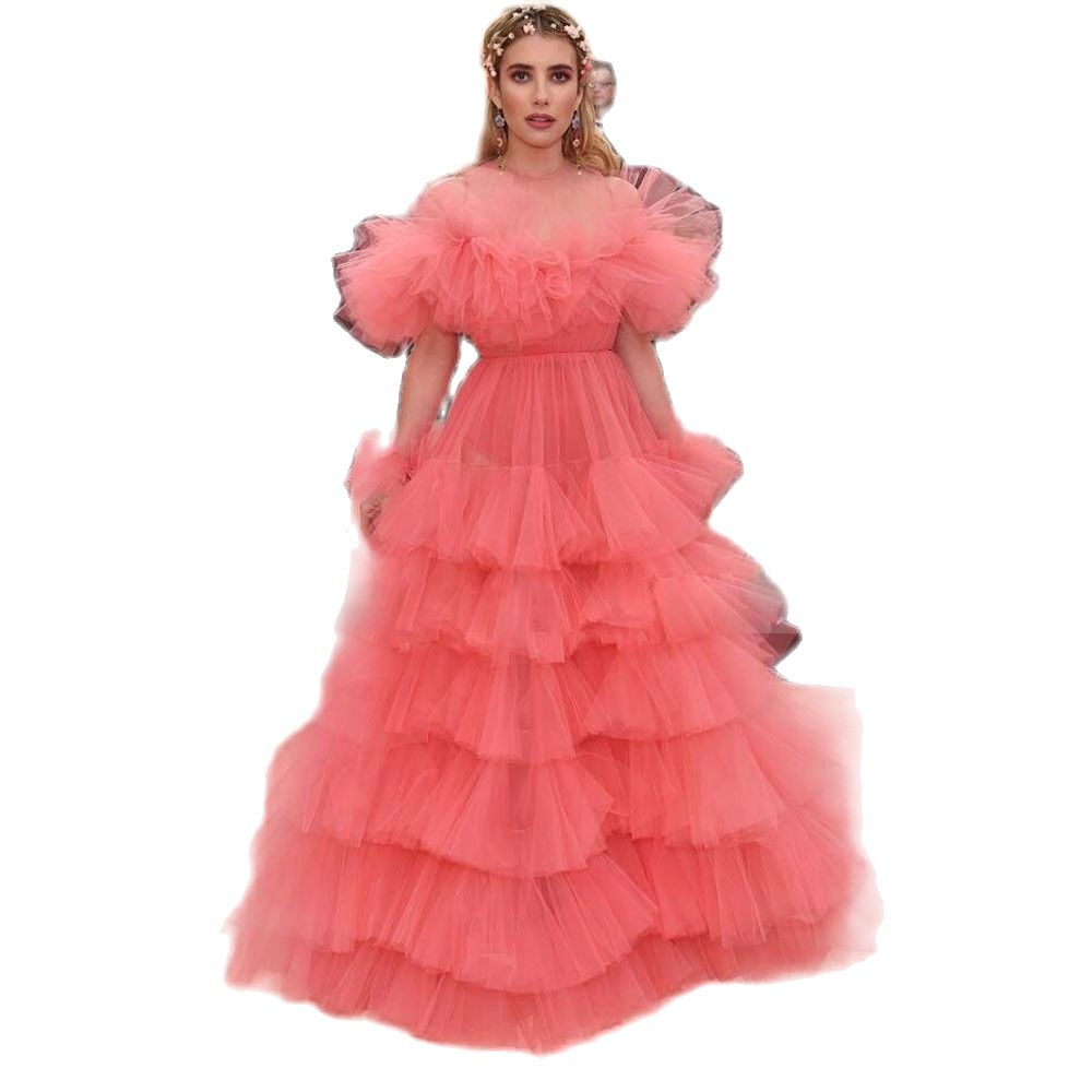 Pink Long Prom Dress 2023 O Neck Long Sleeves Layers Tulle Celebrity Gown Ruffle Pleats Womens Gala Vestidos De Novia