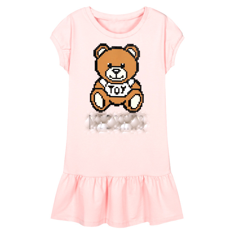 New Summer Dress Fashion Brand Cartoon Letter Style Kids Girl Clothes Long-sleeved Bear Print Clothes Baby Girls Princess Dresses 2-10 Year