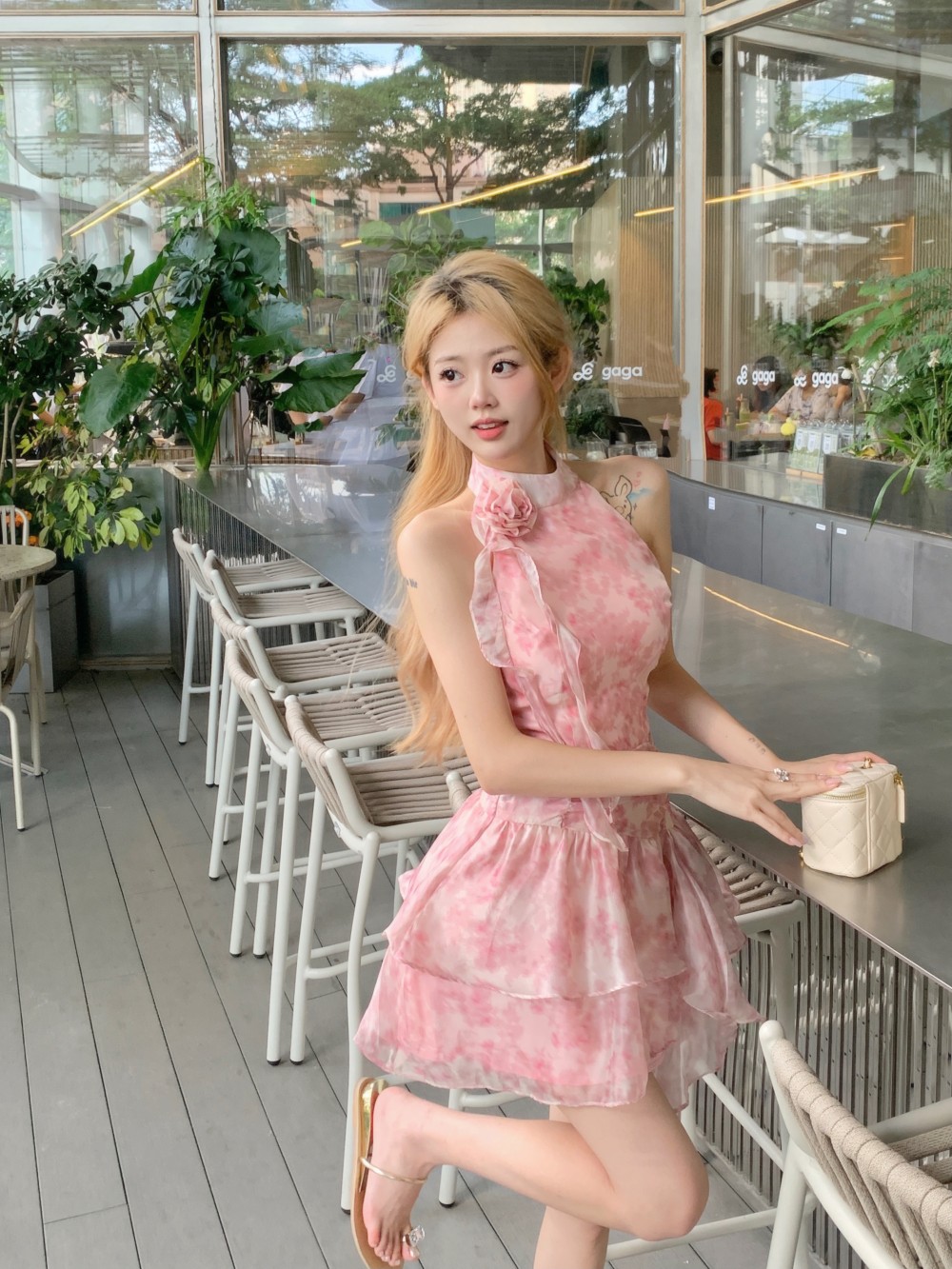 Womens cute sweet pink flower print halter neck sleeveless high waist layered ruffles short dress SM