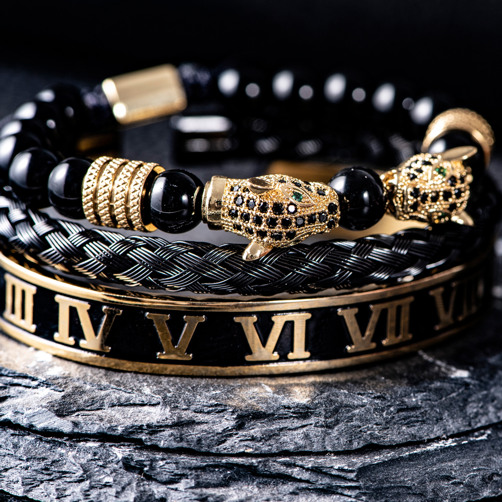 Luxury Set Bracelets Men Double Leopard head Handmade Enamel Roman Numeral Bangles Rope Buckle Stone Beads Jewelry
