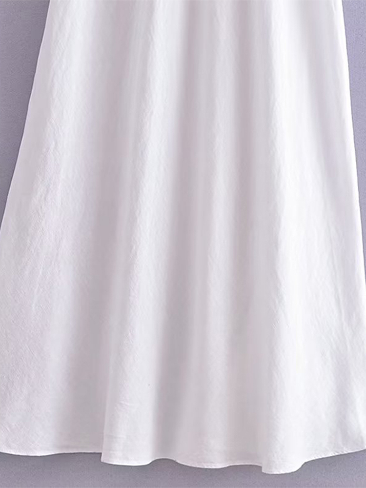 Basic Casual Dresses Linen Ruffles White Dress Spaghetti Strap Deep V neck Backless High Waist A line 2023 Summer Midi Holiday Robe 230715