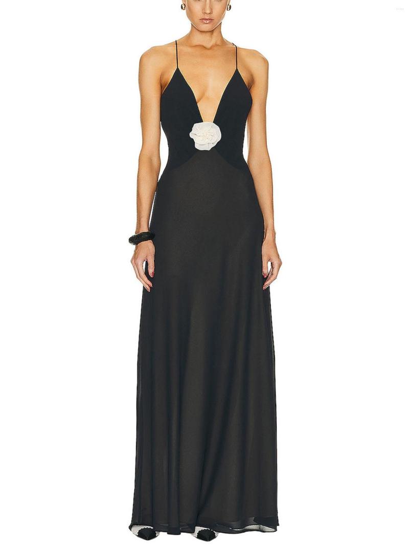 Casual Dresses Elegant Lace Embroidered Sleeveless Maxi Dress With Deep V-Neck And Backless Design For Women - Chic Bodycon Evening Gown