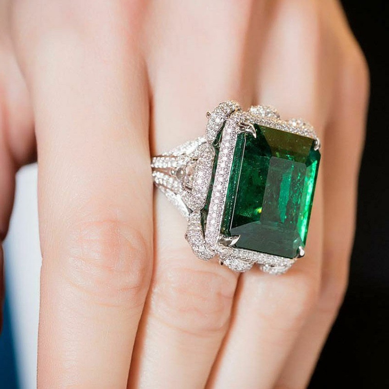 Handmade Wedding Rings Luxury Jewelry 925 Sterling Silver Fill Large Princess Cut Emerald Pave CZ Diamond Parrt Promise Women Engagement Band Ring For
