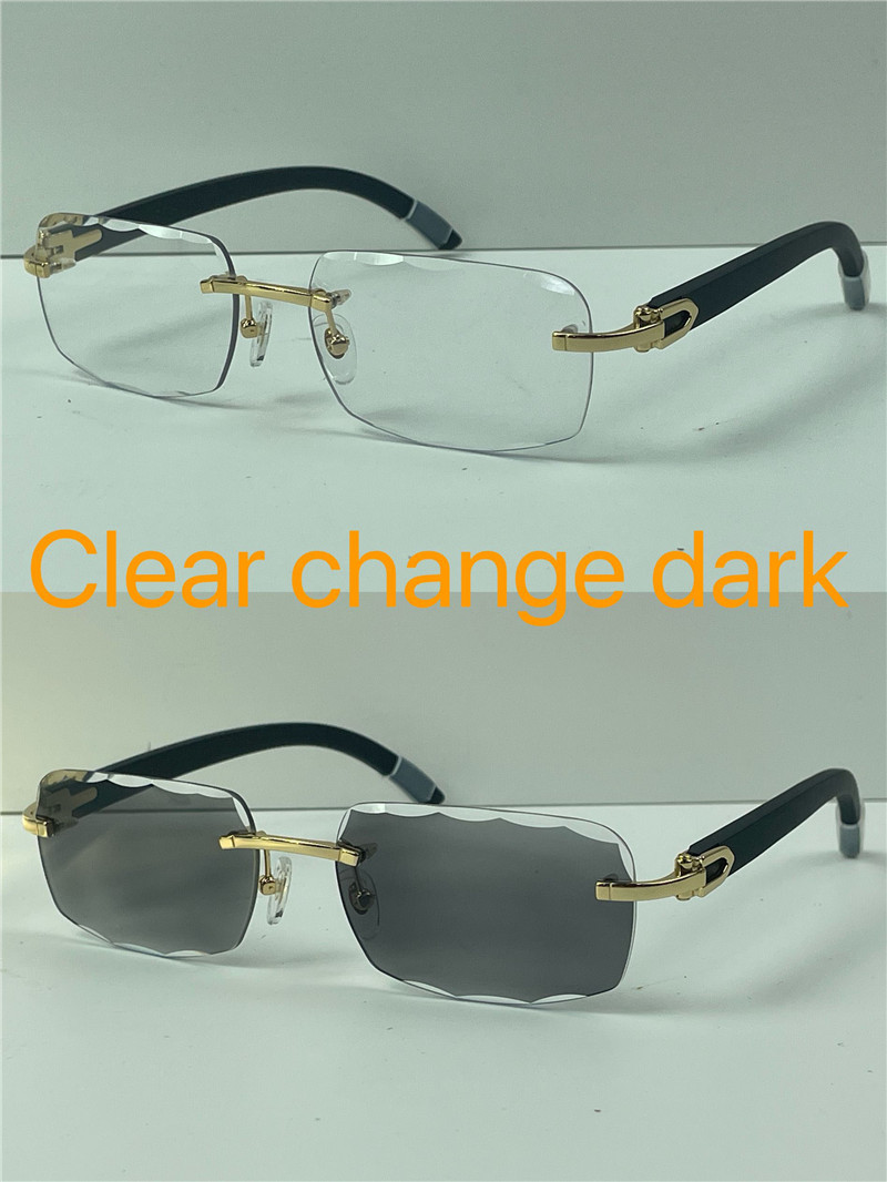 Photochromic Sun Glassses lens colors changed in sunshine from crystal clear to dark rimless metal frame wooden temples outdoor 0117 with box and association