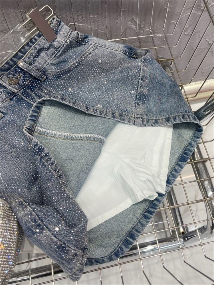 Skirts TARUXY Blue Diamond Skirt For Summer Women Y2K High Waist A line Straight Mini Sparkly Crystal Denim Short 2023 230715
