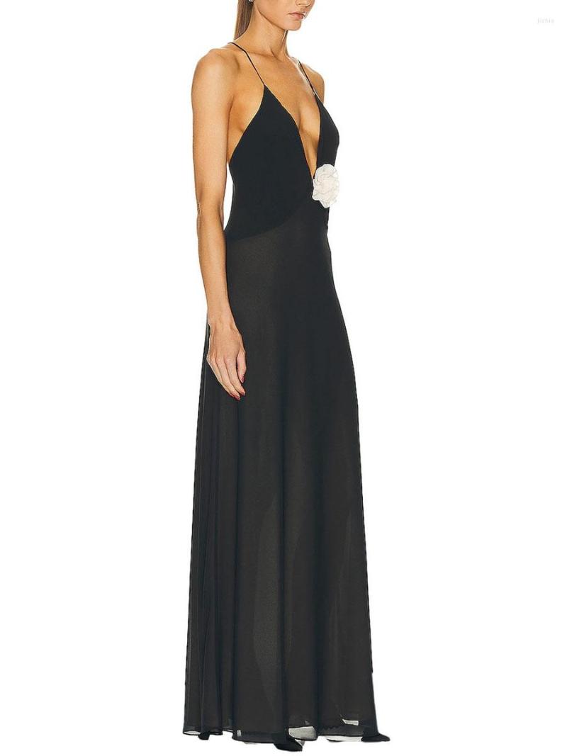 Casual Dresses Elegant Lace Embroidered Sleeveless Maxi Dress With Deep V-Neck And Backless Design For Women - Chic Bodycon Evening Gown