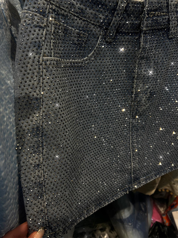 Skirts TARUXY Blue Diamond Skirt For Summer Women Y2K High Waist A line Straight Mini Sparkly Crystal Denim Short 2023 230715