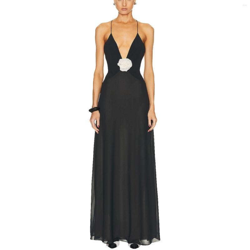 Casual Dresses Elegant Lace Embroidered Sleeveless Maxi Dress With Deep V-Neck And Backless Design For Women - Chic Bodycon Evening Gown