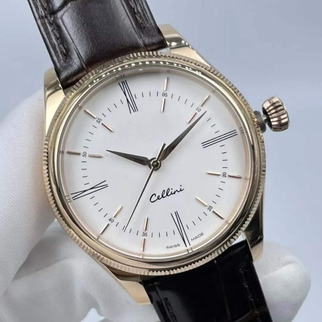 Luxury mens watch New Cellini M50505-0020 Men's Automatic Movement Watches 39mm gold SS2813 fine steel case cowhleather strap wristwatches