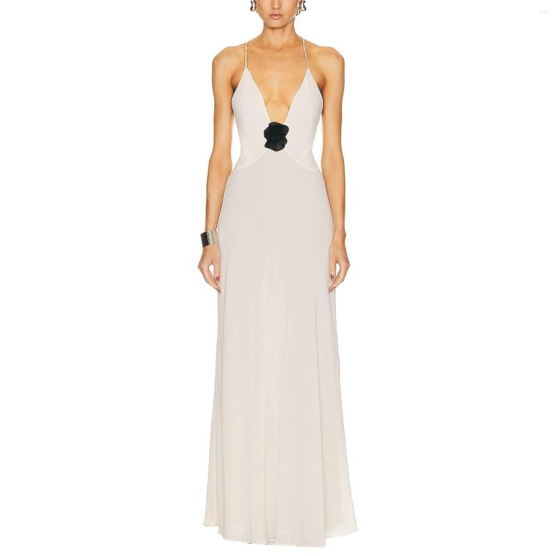 Casual Dresses Elegant Lace Embroidered Sleeveless Maxi Dress With Deep V-Neck And Backless Design For Women - Chic Bodycon Evening Gown
