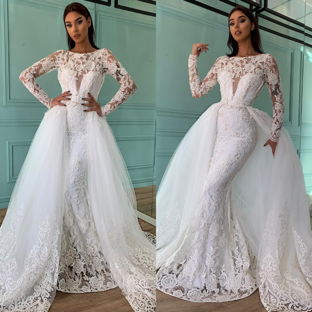 Glamourous Mermaid Dresses Bateau Neck Overskirts Lace Appliques Wedding Dress Sweep Train Long Sleeves Robe De Mariee Bridal Gowns 0620