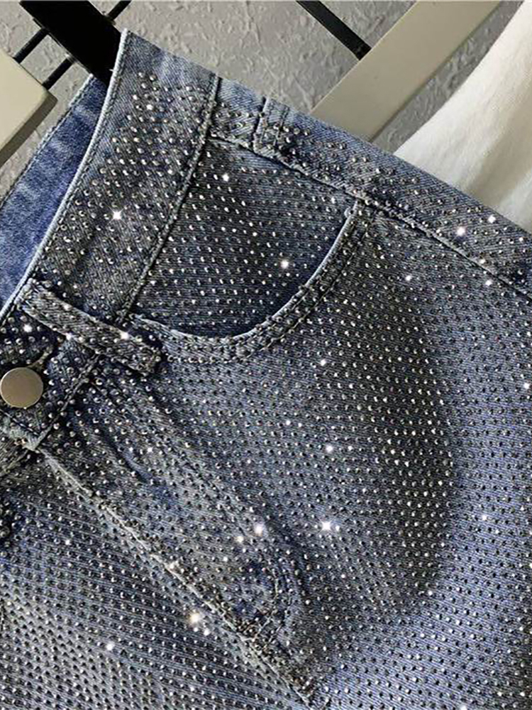 Skirts TARUXY Blue Diamond Skirt For Summer Women Y2K High Waist A line Straight Mini Sparkly Crystal Denim Short 2023 230715