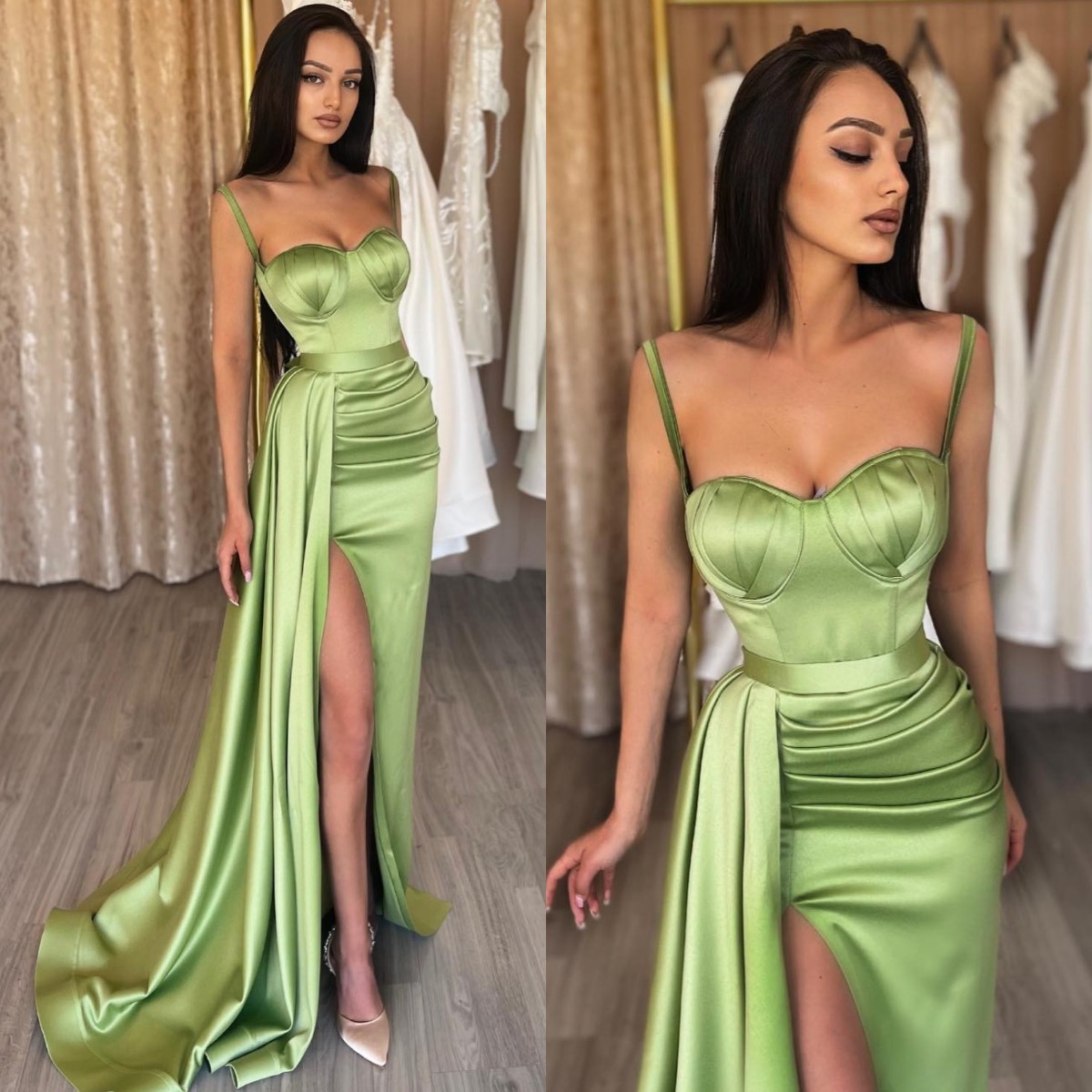Elegant A Line Light Green Prom Dresses Spaghetti Evening Gowns Pleats Slit Formal Long Special Ocn Party Dress