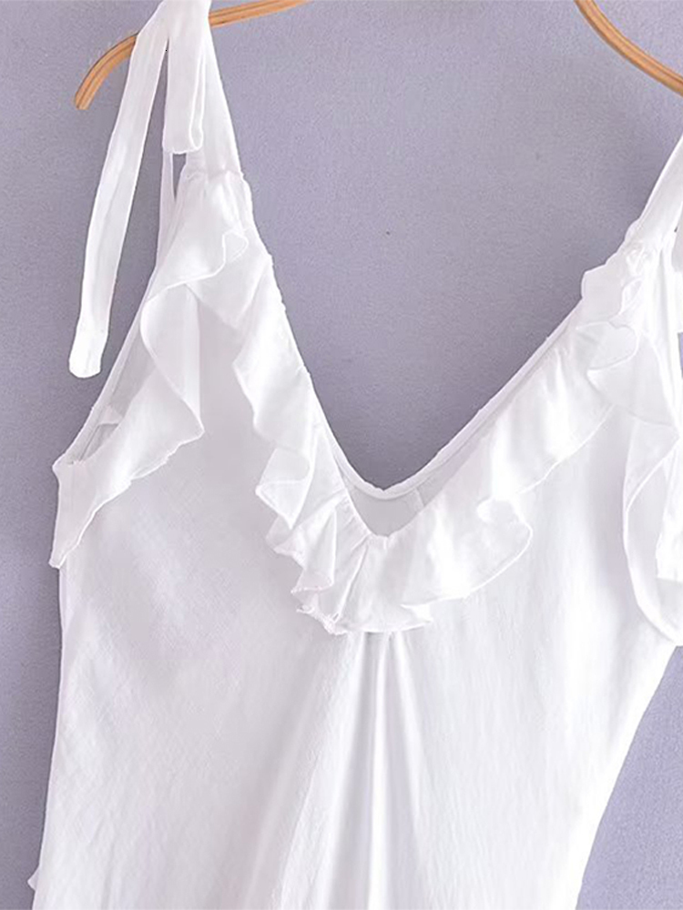 Basic Casual Dresses Linen Ruffles White Dress Spaghetti Strap Deep V neck Backless High Waist A line 2023 Summer Midi Holiday Robe 230715