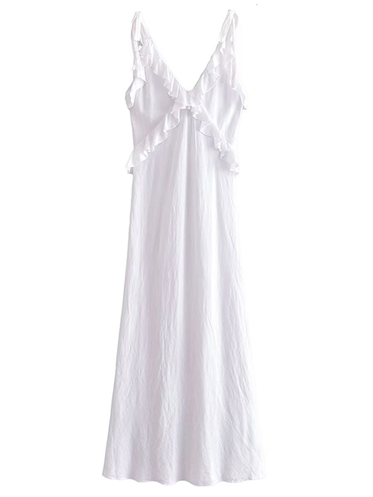 Basic Casual Dresses Linen Ruffles White Dress Spaghetti Strap Deep V neck Backless High Waist A line 2023 Summer Midi Holiday Robe 230715
