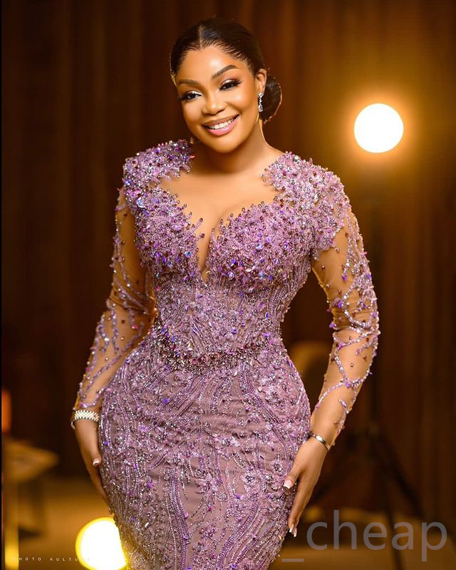 2023 Aso Ebi Lilac Sheath Prom Dress Beaded Lace Sexy Evening Formal Party Second Reception Birthday Engagement Gowns Dresses Robe De Soiree ZJ740