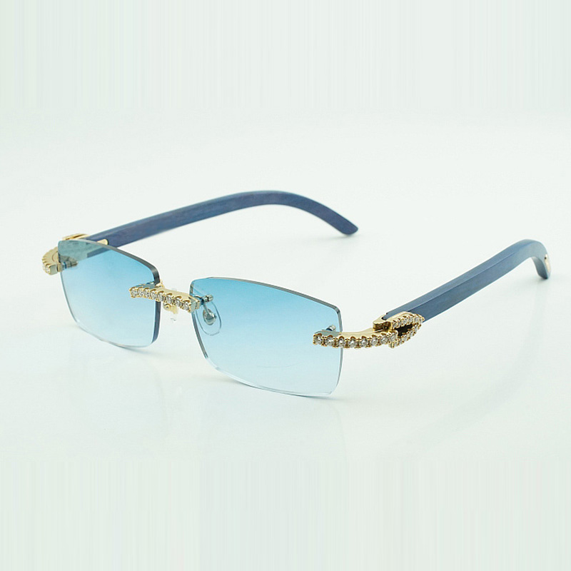 Moissanite stones endless Diamond eyewear frames 3524012 wooden sunglasses with Natural blue wood Legs and 56mm Lenses