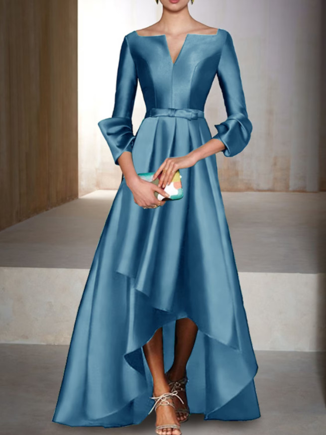 Elegant Hi-Lo Satin V-Neck Mother of the Bride Dress Satin Green Aysmmetrical Formal Party Gown Pleats La madre del vestido de novia Women Dresses Wit