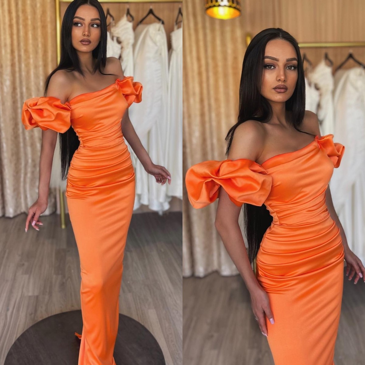 Elegant Orange Prom Dresses Strapless Sheath Evening Gowns Pleats Puffy Sleeves Formal Long Special Ocn Party Dress 0620