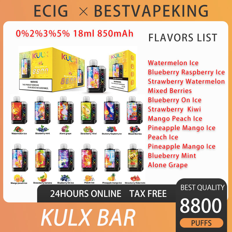 Kulx Bar 8800 Puffs Disposable E Cigarette Vape Pen Mesh Coil 850mAh Rechargeable Battery 18ml Prefilled Pods 12 Flavors Available 0% 2% 3% 5% Strength VS Bang king 8000
Kulx Bar 8800 Puffs Disposable E Cigarette Vape Pen Mesh Coil 850mAh Rechargeable Battery 18ml Prefilled Pods 12 Flavors Available 0% 2% 3% 5% Strength VS Bang king 8000