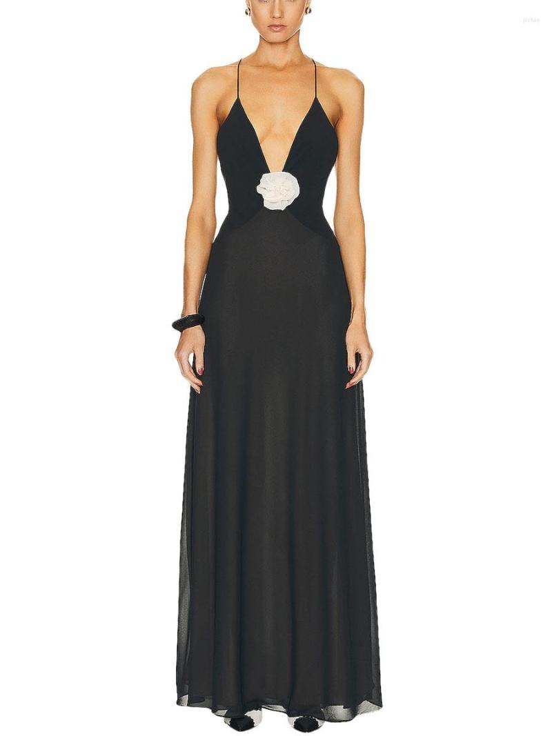 Casual Dresses Elegant Lace Embroidered Sleeveless Maxi Dress With Deep V-Neck And Backless Design For Women - Chic Bodycon Evening Gown