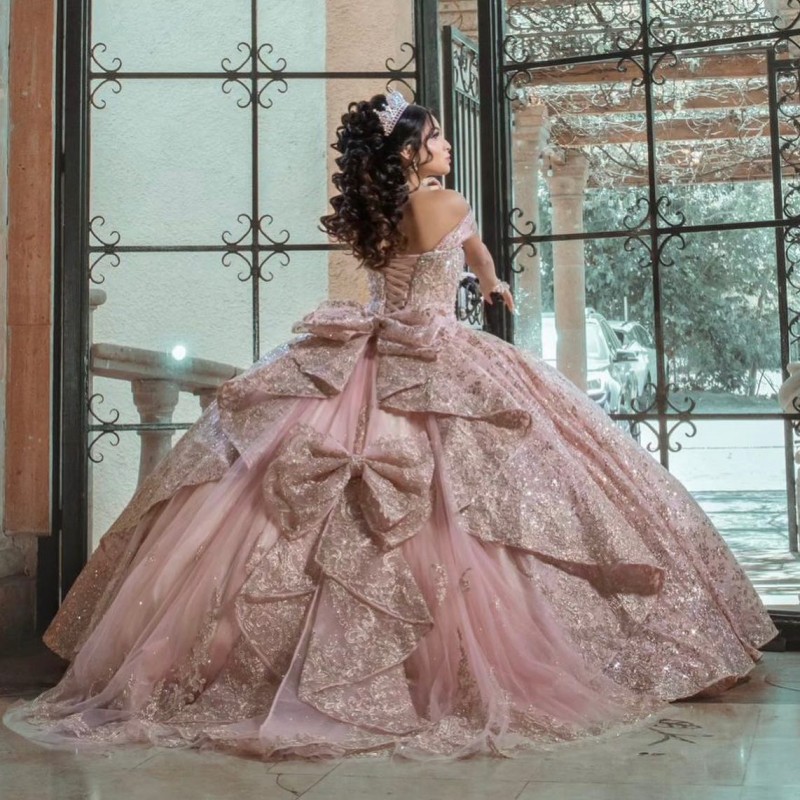 Pink Ball Gown Quinceanera Dress 2025 Tulle Appliques Flowers Bow Off Shoulder Sweet 15 16 Years Birthday Party Formal