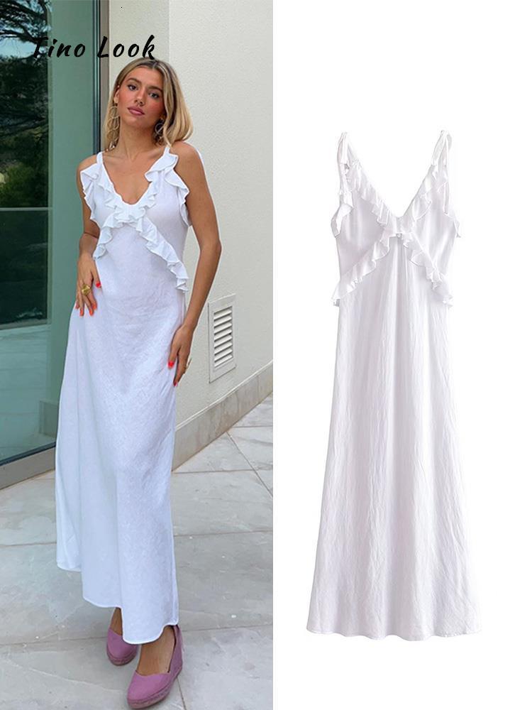 Basic Casual Dresses Linen Ruffles White Dress Spaghetti Strap Deep V neck Backless High Waist A line 2023 Summer Midi Holiday Robe 230715