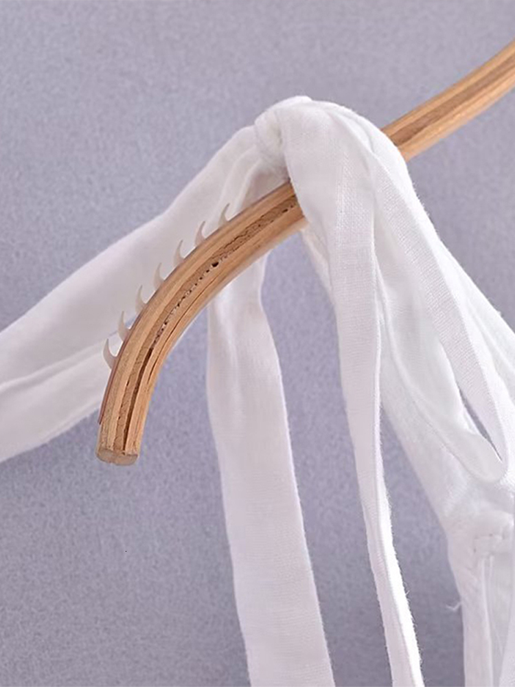 Basic Casual Dresses Linen Ruffles White Dress Spaghetti Strap Deep V neck Backless High Waist A line 2023 Summer Midi Holiday Robe 230715