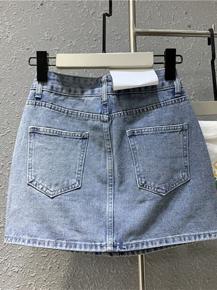 Skirts TARUXY Blue Diamond Skirt For Summer Women Y2K High Waist A line Straight Mini Sparkly Crystal Denim Short 2023 230715
