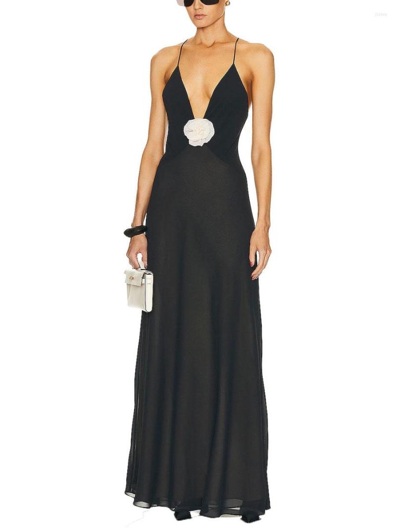 Casual Dresses Elegant Lace Embroidered Sleeveless Maxi Dress With Deep V-Neck And Backless Design For Women - Chic Bodycon Evening Gown