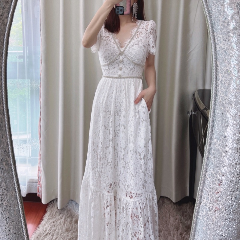 New S-elf-Portrait white mint lace ribbon midi Dress