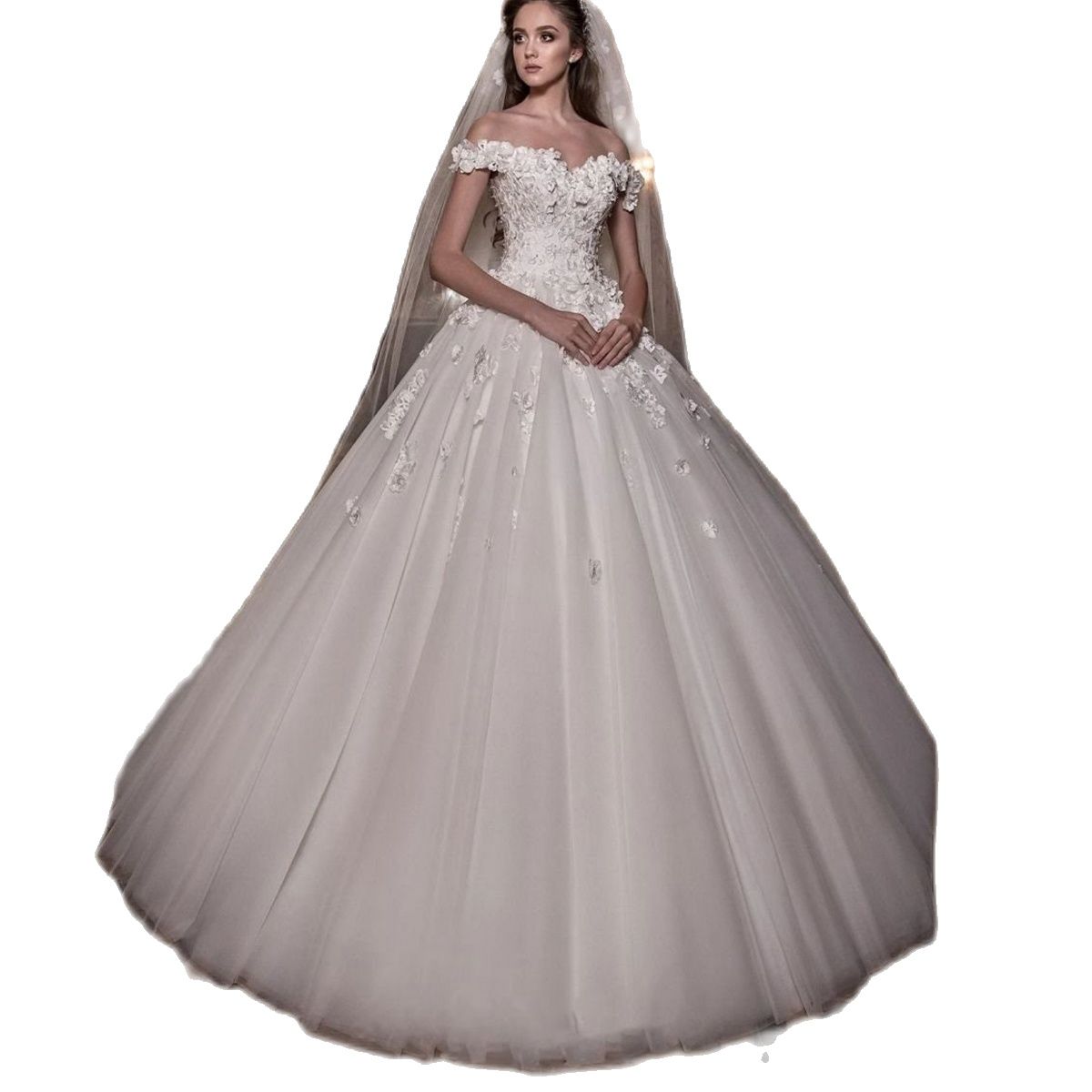 A Line Wedding Off The Shoulder 3D Floral Appliques Bridal Gowns Floor Length Custom Made Lace-Up Back Bride Dress 0505